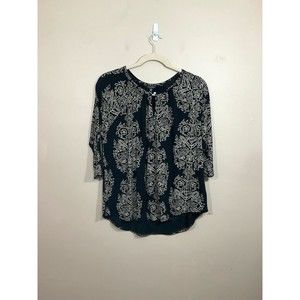 Lucky Brand Womens Boho Blouse 2X Black Tan 3/4 Length Sleeves Slinky Stretch